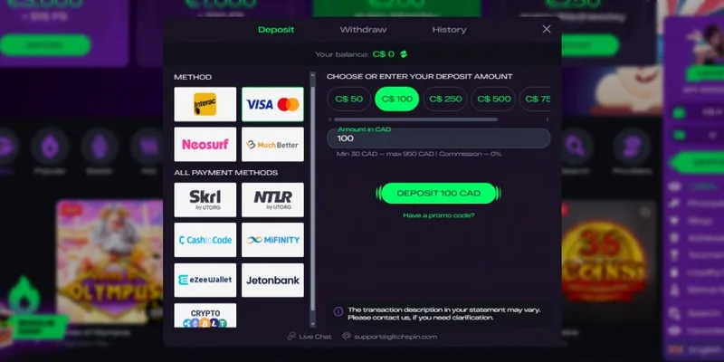 GlitchSpin betalingsmetoder