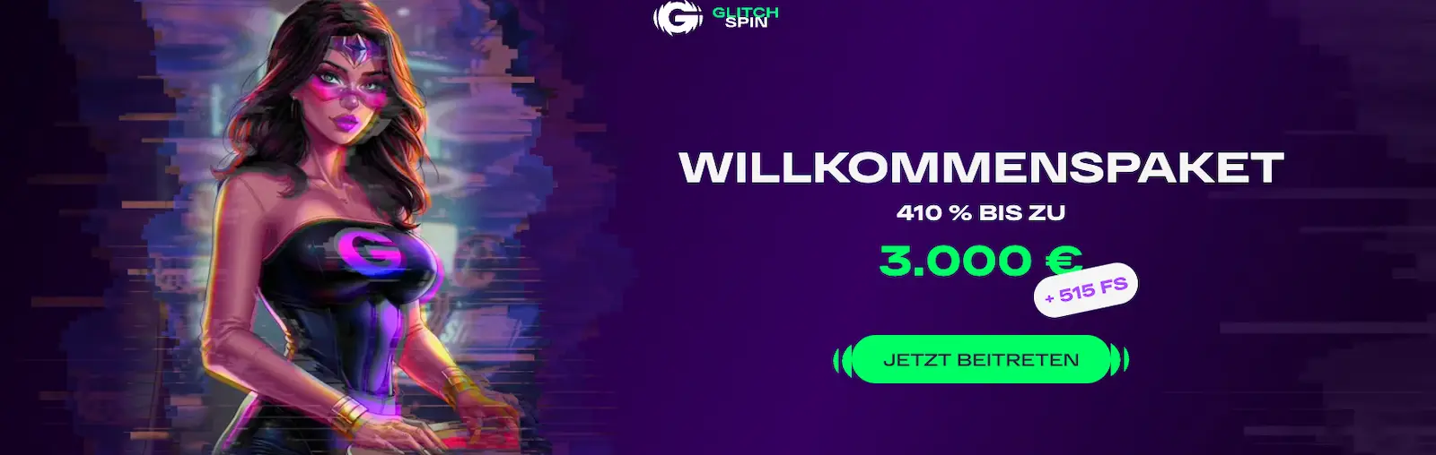 GlitchSpin velkomstbonus 410% op til €3.000 + 515 free spins