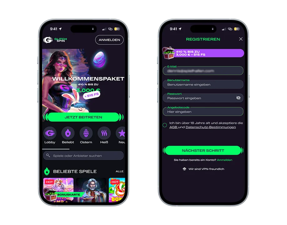 GlitchSpin mobil registrering