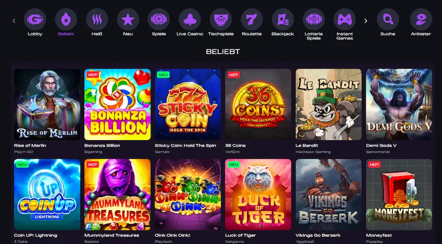 GlitchSpin spiludvalg og slots lobby